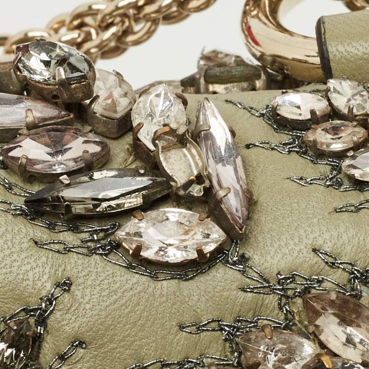 Pre Owned Valentino Olive Green Leather Small Rockstud Glam Lock Crystals Flap Bag