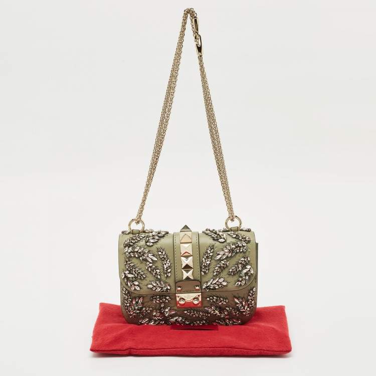 Pre Owned Valentino Olive Green Leather Small Rockstud Glam Lock Crystals Flap Bag