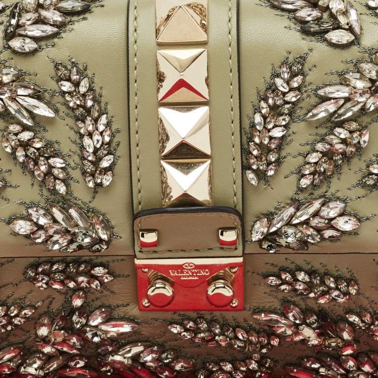 Pre Owned Valentino Olive Green Leather Small Rockstud Glam Lock Crystals Flap Bag