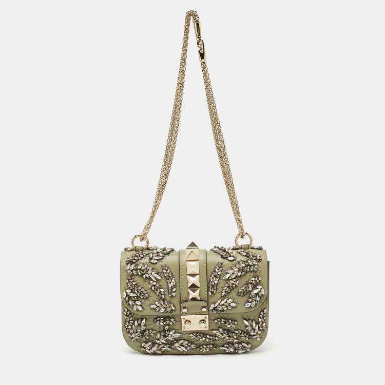 Pre Owned Valentino Olive Green Leather Small Rockstud Glam Lock Crystals Flap Bag
