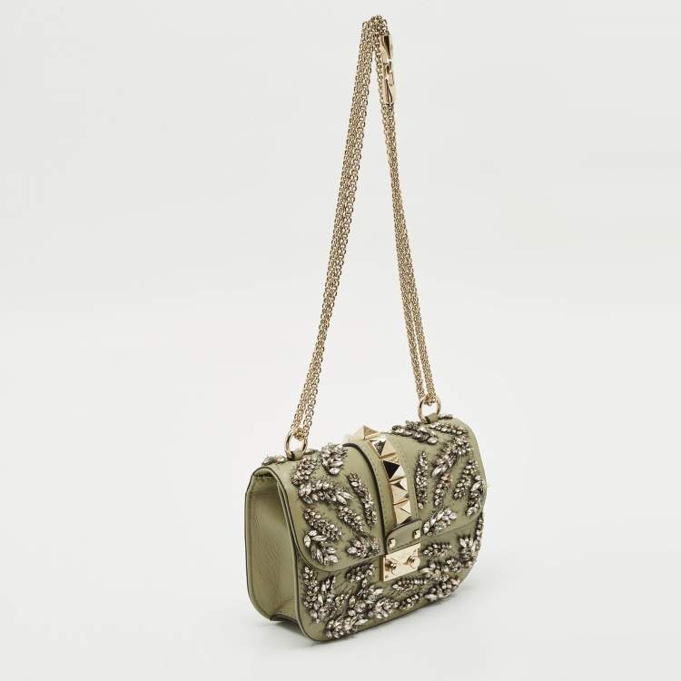 Pre Owned Valentino Olive Green Leather Small Rockstud Glam Lock Crystals Flap Bag