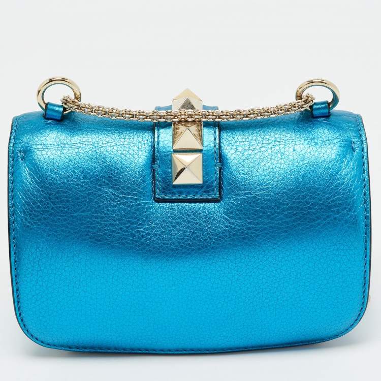 Pre Owned Valentino Metallic Blue Leather Small Rockstud Glam Lock Flap Bag