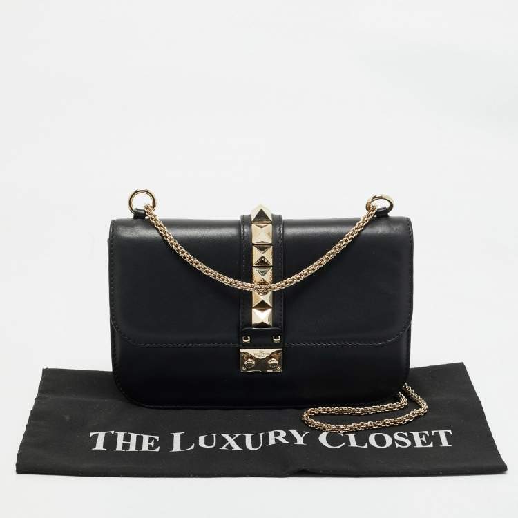 Pre Owned Valentino Black Leather Medium Rockstud Glam Lock Shoulder Bag