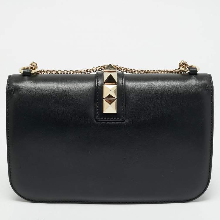 Pre Owned Valentino Black Leather Medium Rockstud Glam Lock Shoulder Bag