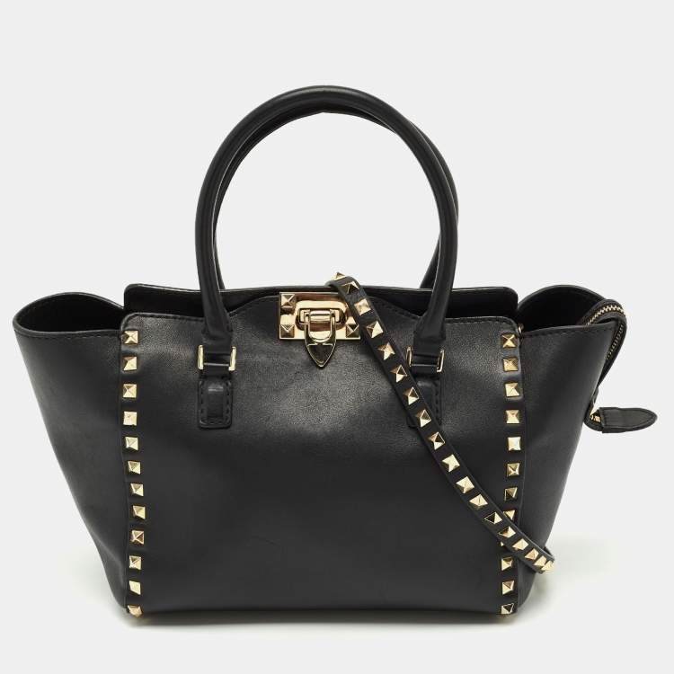Pre Owned Valentino Black Leather Small Rockstud Trapeze Tote