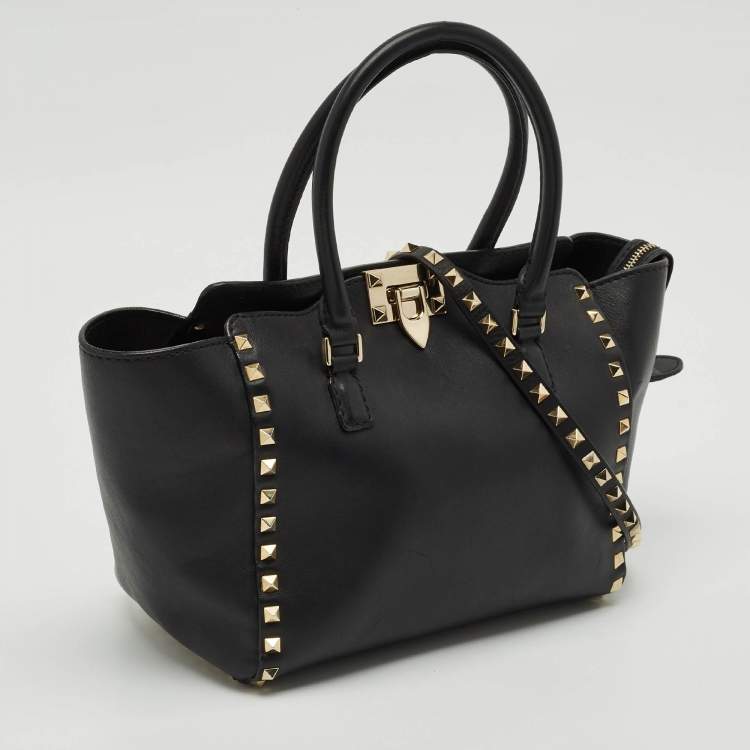Pre Owned Valentino Black Leather Small Rockstud Trapeze Tote