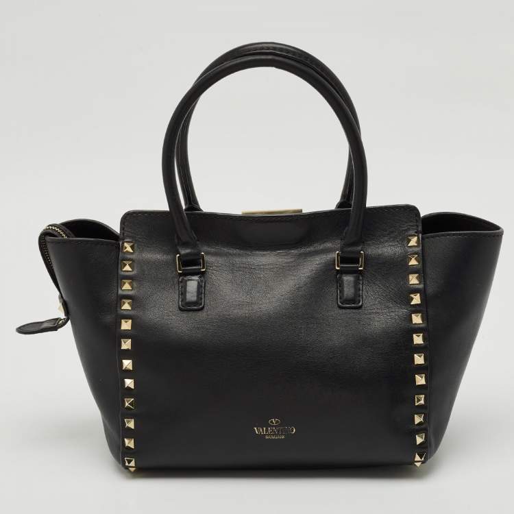 Pre Owned Valentino Black Leather Small Rockstud Trapeze Tote
