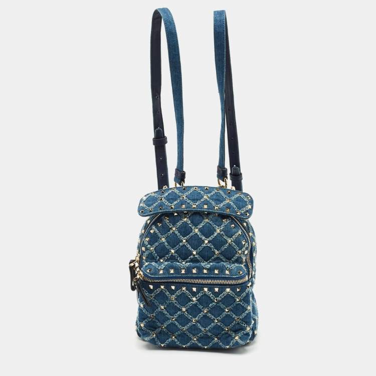 Pre Owned Valentino Navy Blue Quilted Denim Rockstud Backpack