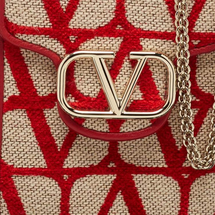 Pre Owned Valentino Red Iconographe Canvas and Leather Phone Crossbody Bag