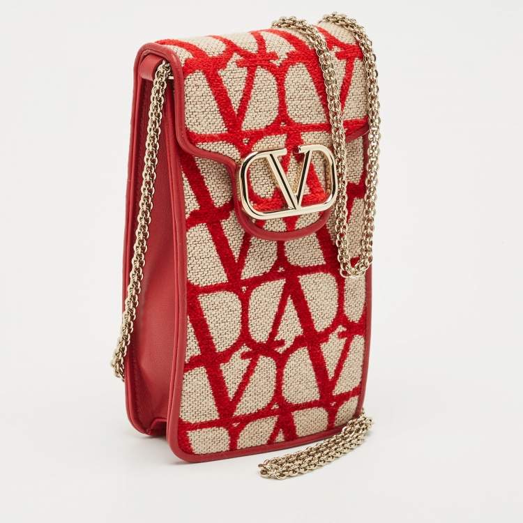 Pre Owned Valentino Red Iconographe Canvas and Leather Phone Crossbody Bag