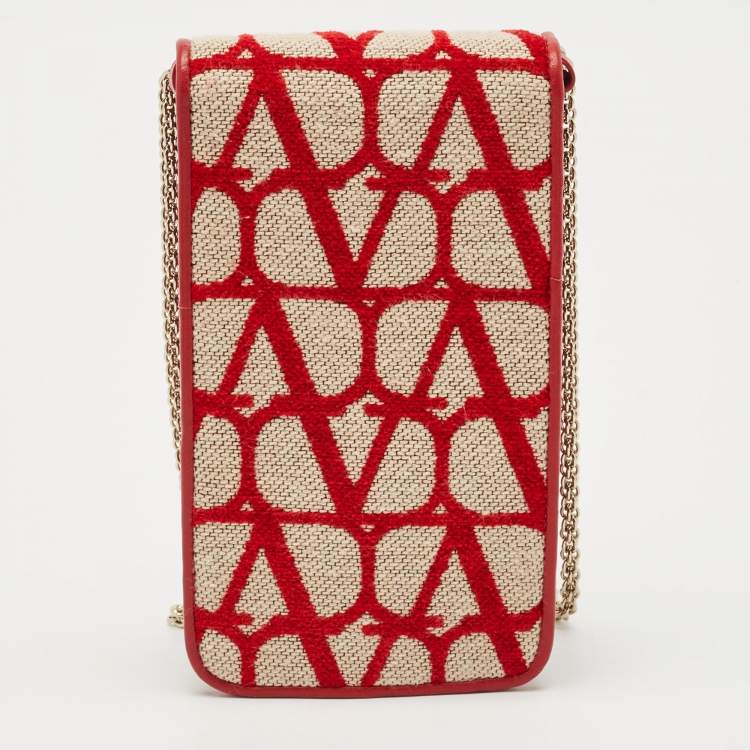 Pre Owned Valentino Red Iconographe Canvas and Leather Phone Crossbody Bag