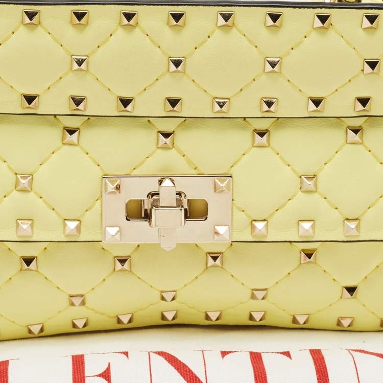 Pre Owned Valentino Yellow Quilted Leather Small Rockstud Spike Chain Shoulder Bag