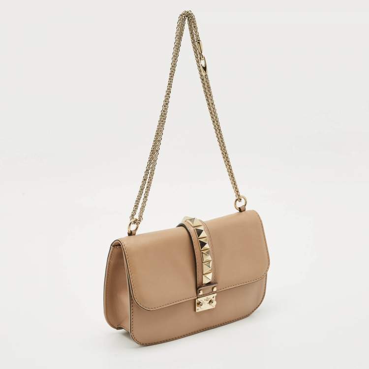 Pre Owned Valentino Beige Leather Medium Rockstud Glam Lock Shoulder Bag