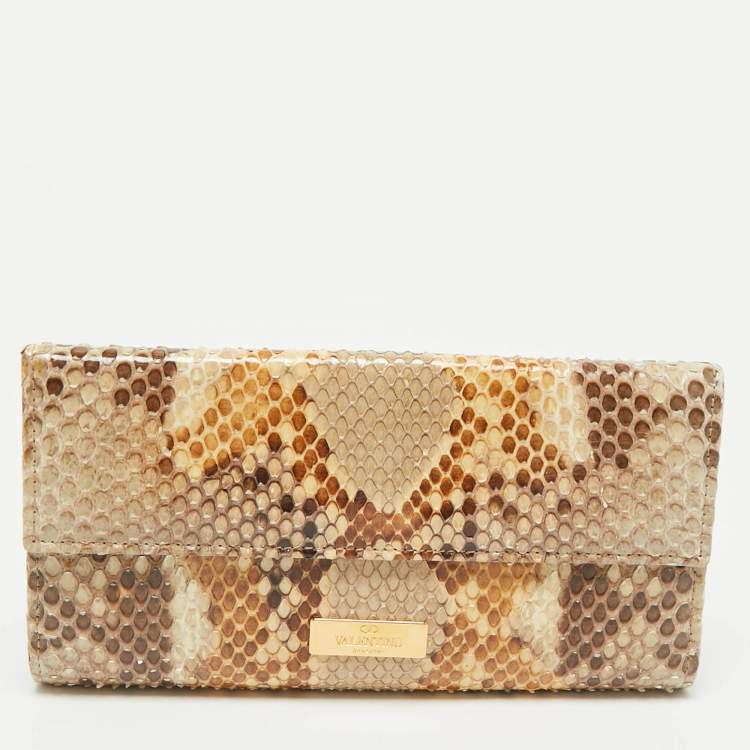 Pre Owned Valentino Beige Python Bow Flap Continental Wallet