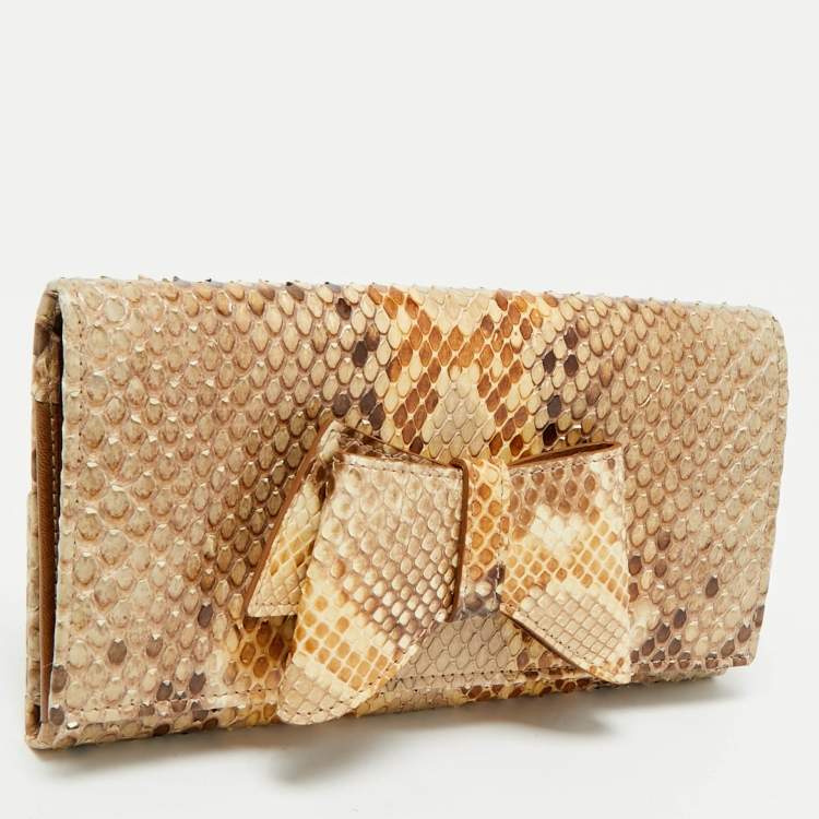 Pre Owned Valentino Beige Python Bow Flap Continental Wallet