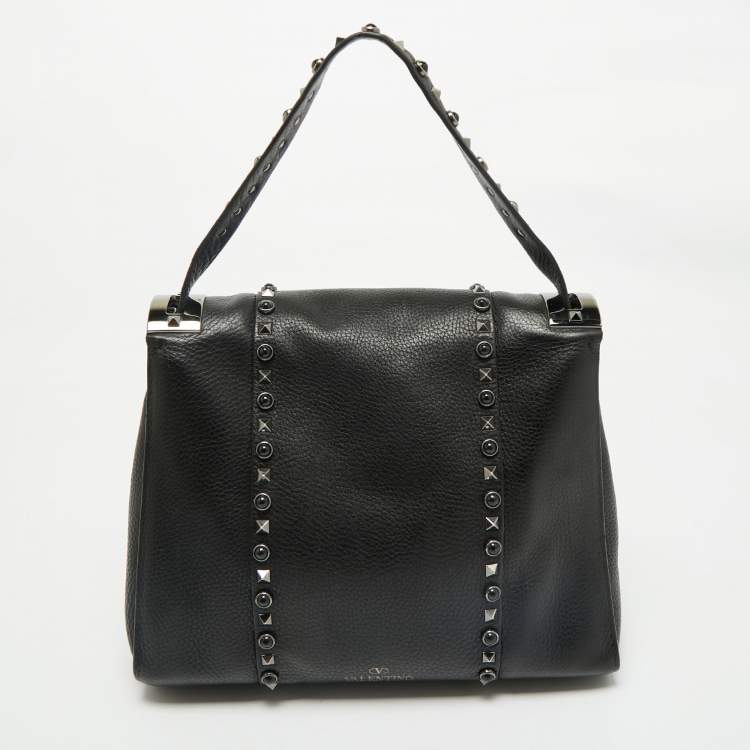 Pre Owned Valentino Black Leather Medium My Rockstud Rolling Top Handle Bag