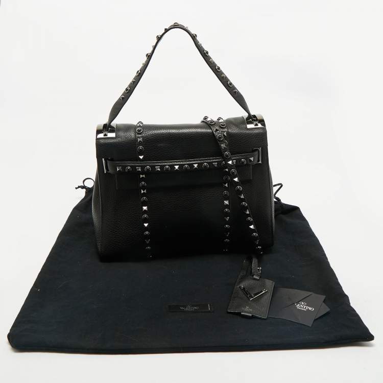 Pre Owned Valentino Black Leather Medium My Rockstud Rolling Top Handle Bag