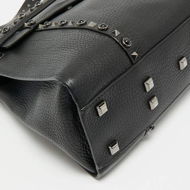 Pre Owned Valentino Black Leather Medium My Rockstud Rolling Top Handle Bag