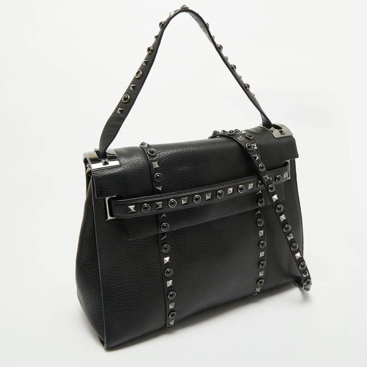 Pre Owned Valentino Black Leather Medium My Rockstud Rolling Top Handle Bag