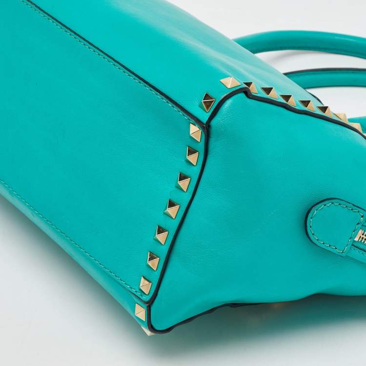 Pre Owned Valentino Turquoise Blue Leather Medium Rockstud Trapeze Tote