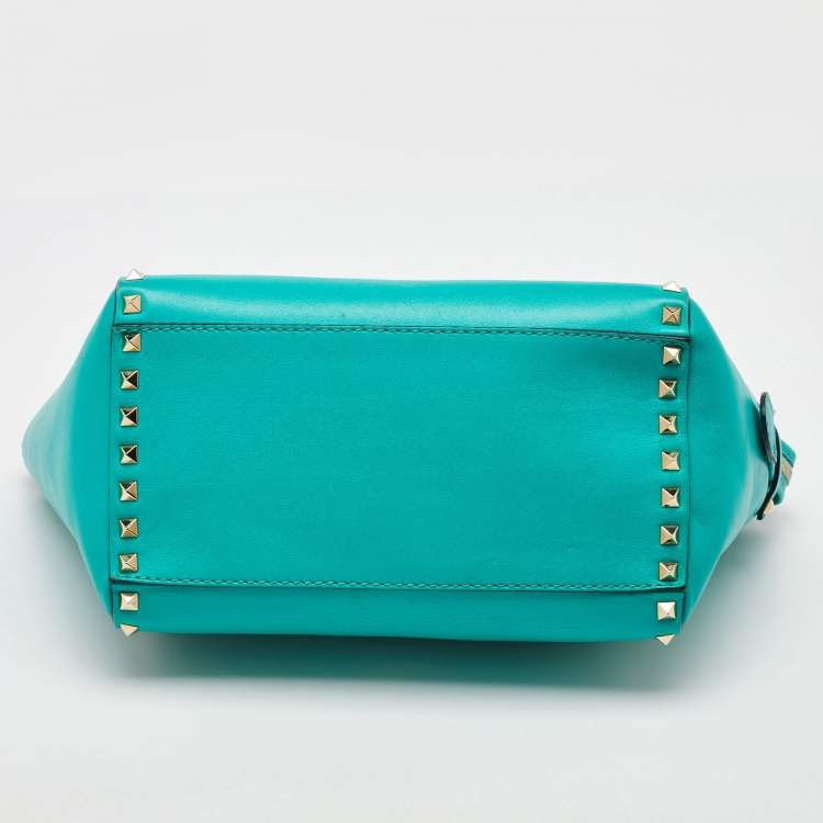 Pre Owned Valentino Turquoise Blue Leather Medium Rockstud Trapeze Tote