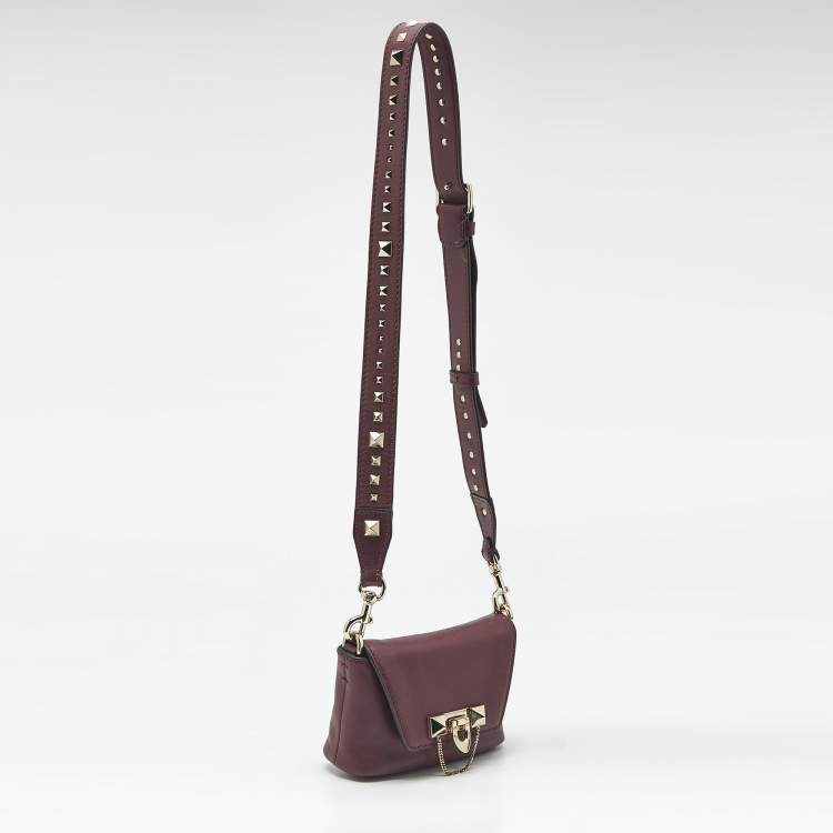 Pre Owned Valentino Burgundy Leather Rockstud Flap Crossbody Bag