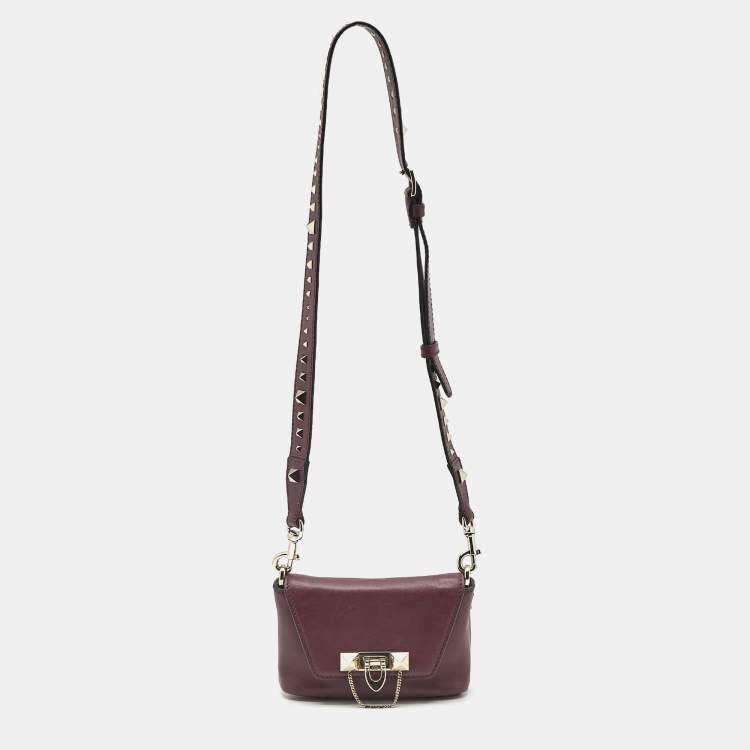 Pre Owned Valentino Burgundy Leather Rockstud Flap Crossbody Bag