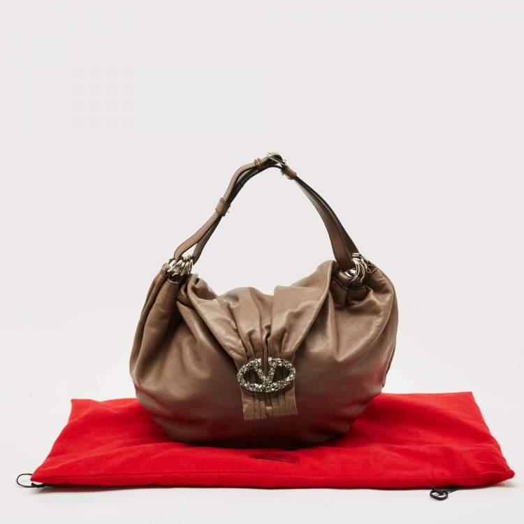 Pre Owned Valentino Beige Leather Crystal Embellished Catch Hobo