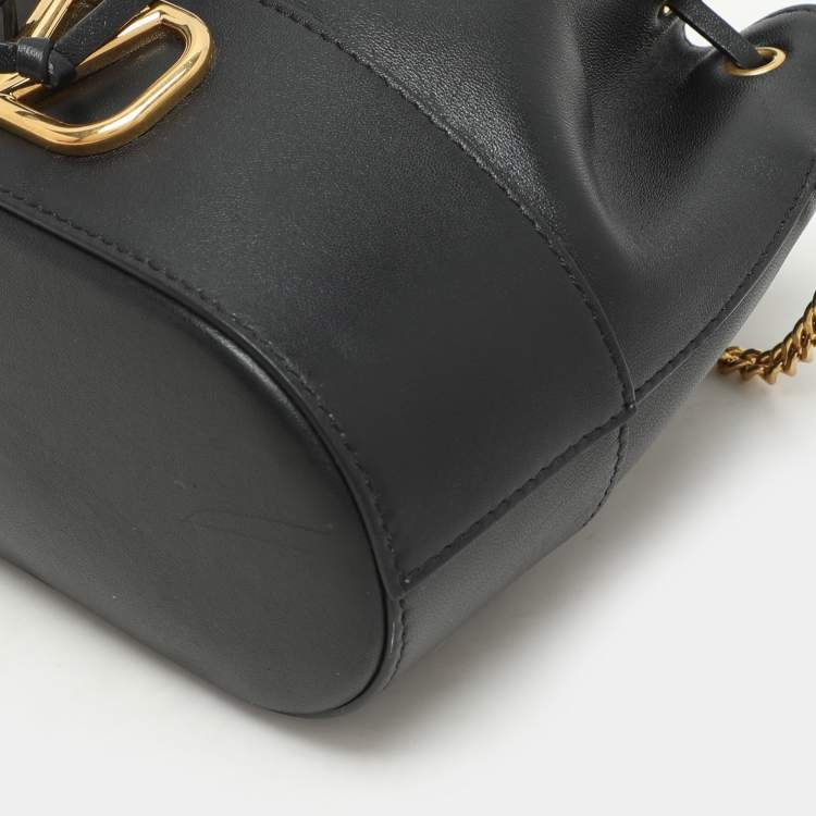 Pre Owned Valentino Black Leather VLogo Signature Mini Bucket Bag