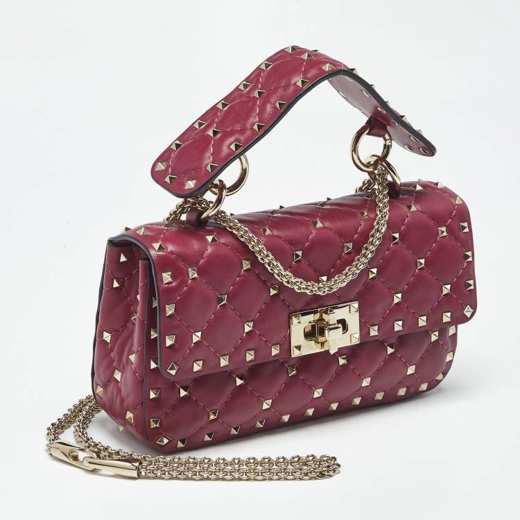 Pre Owned Valentino Magenta Quilted Leather Small Rockstud Spike Top Handle Bag