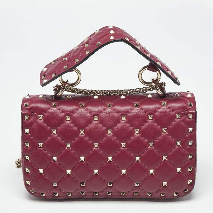 Pre Owned Valentino Magenta Quilted Leather Small Rockstud Spike Top Handle Bag