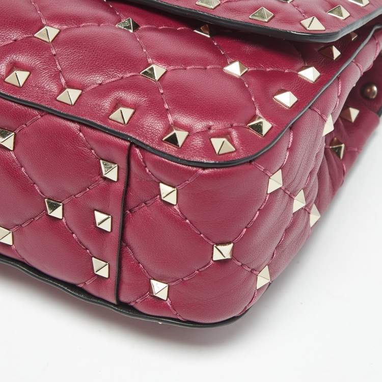 Pre Owned Valentino Magenta Quilted Leather Small Rockstud Spike Top Handle Bag