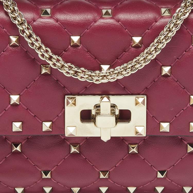 Pre Owned Valentino Magenta Quilted Leather Small Rockstud Spike Top Handle Bag