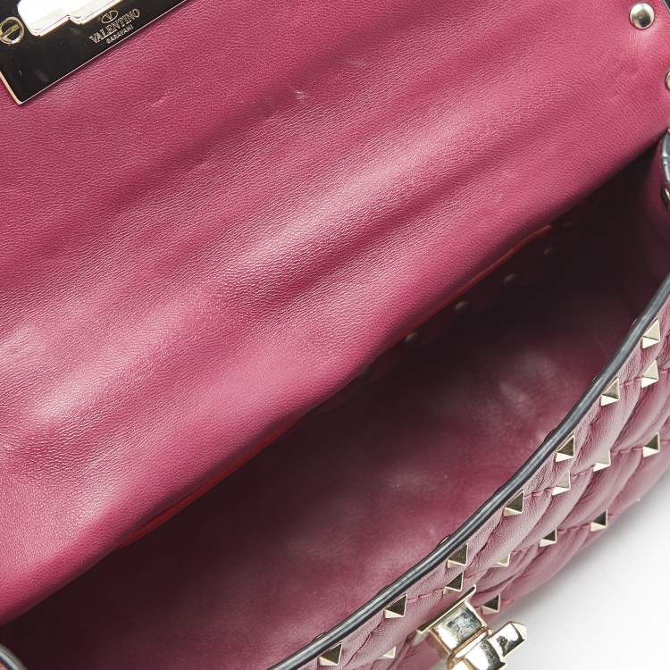 Pre Owned Valentino Magenta Quilted Leather Small Rockstud Spike Top Handle Bag