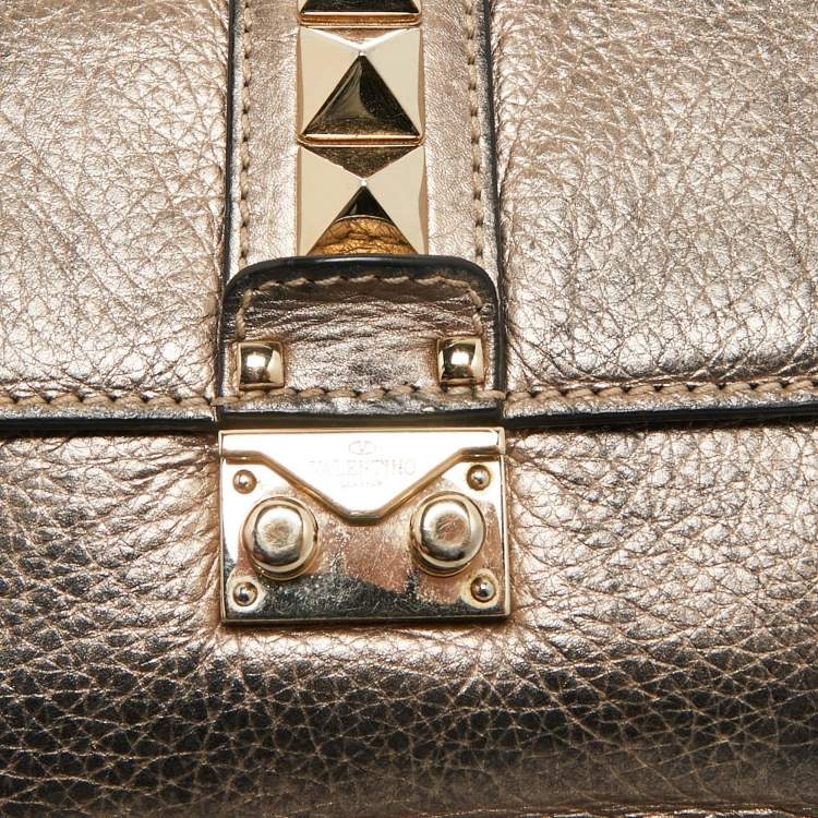 Pre Owned Valentino Gold Leather Small Rockstud Glam Lock Flap Bag