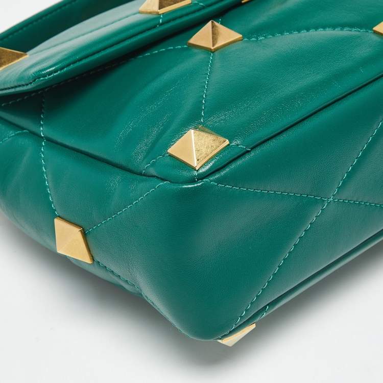 Pre Owned Valentino Green Leather Large Roman Stud Flap Shoulder Bag