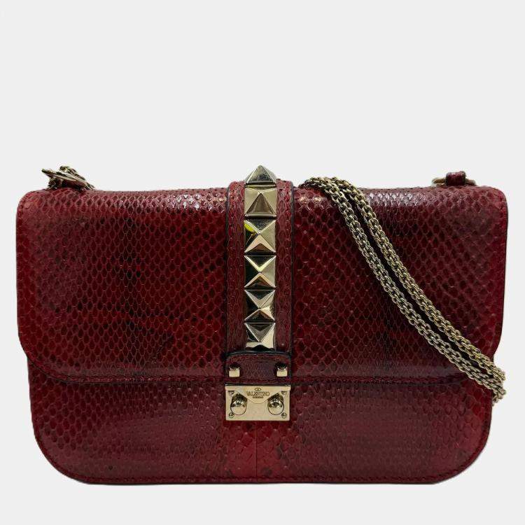 Pre Owned Valentino Red Rockstud Python Small Glam Lock Flap Bag