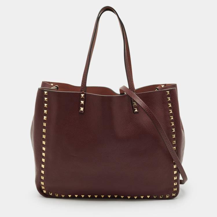 Pre Owned Valentino Burgundy/Beige Leather Rockstud Reversible Tote