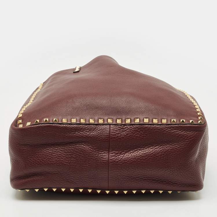 Pre Owned Valentino Burgundy/Beige Leather Rockstud Reversible Tote