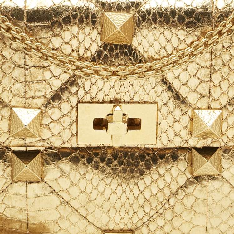 Pre Owned Valentino Gold Watersnake Leather Roman Stud Top Handle Bag
