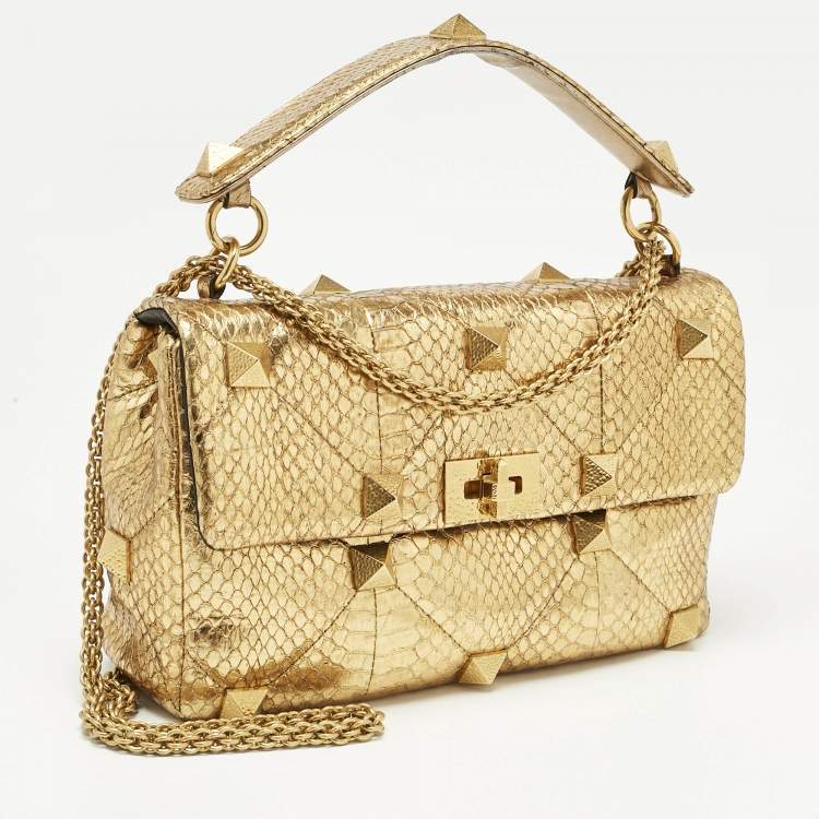 Pre Owned Valentino Gold Watersnake Leather Roman Stud Top Handle Bag