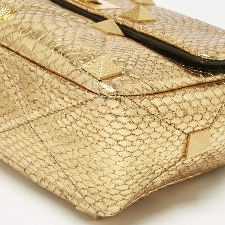 Pre Owned Valentino Gold Watersnake Leather Roman Stud Top Handle Bag