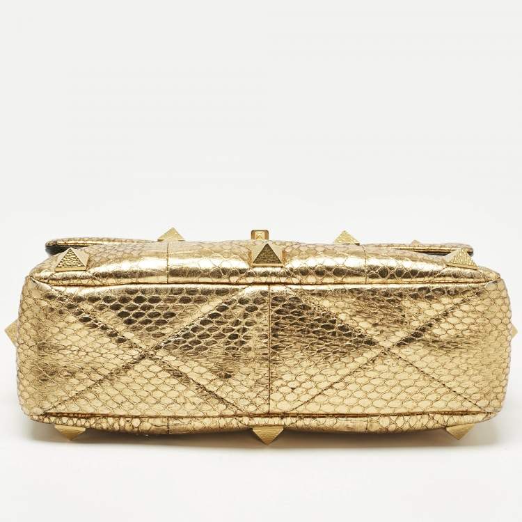 Pre Owned Valentino Gold Watersnake Leather Roman Stud Top Handle Bag