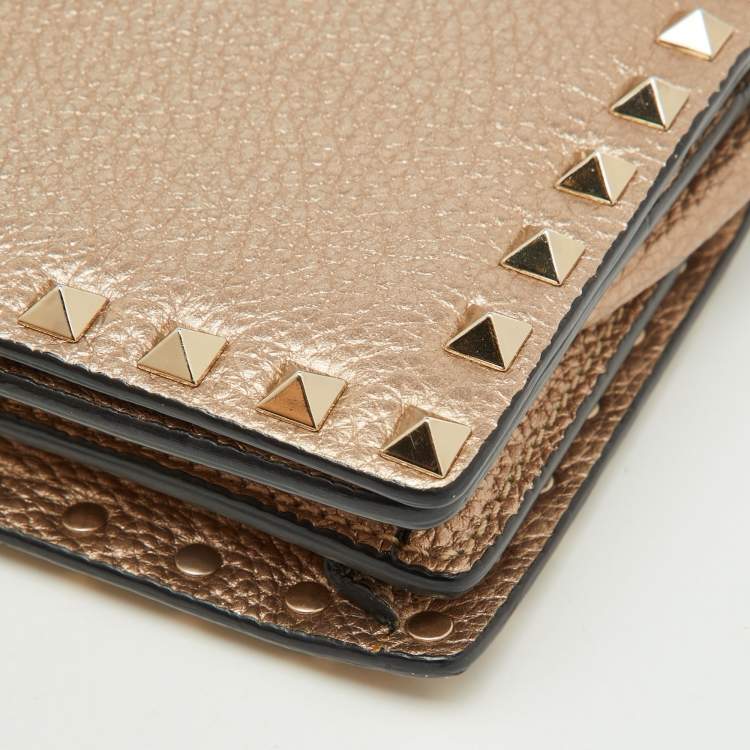 Pre Owned Valentino Metallic Leather Rockstud Flap Wallet On Chain