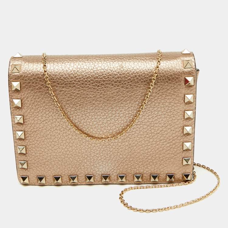 Pre Owned Valentino Metallic Leather Rockstud Flap Wallet On Chain