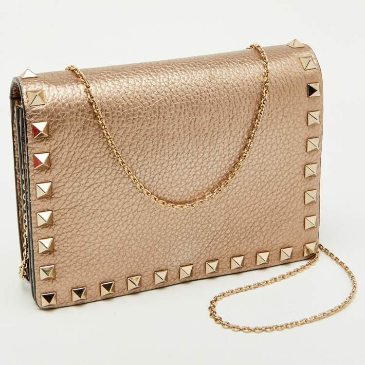 Pre Owned Valentino Metallic Leather Rockstud Flap Wallet On Chain