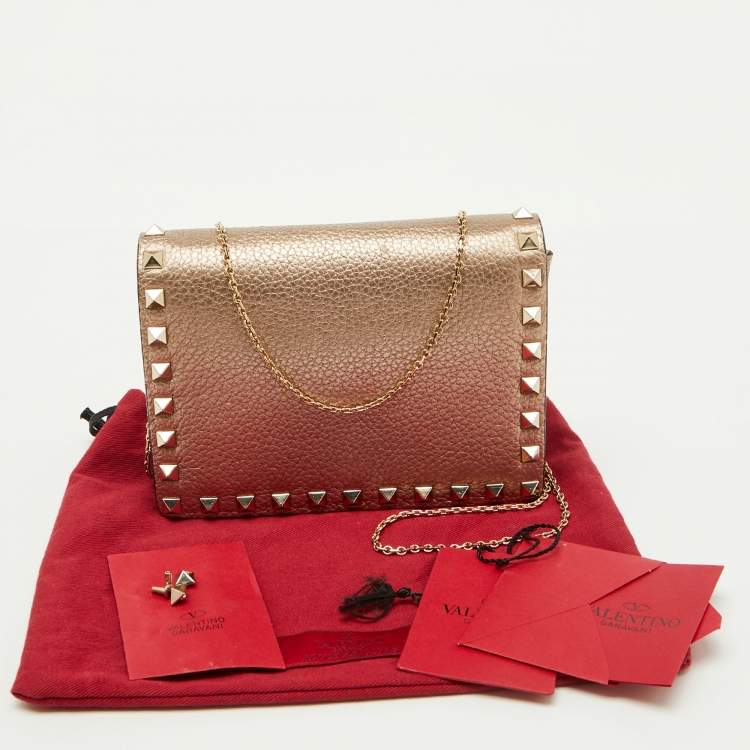 Pre Owned Valentino Metallic Leather Rockstud Flap Wallet On Chain