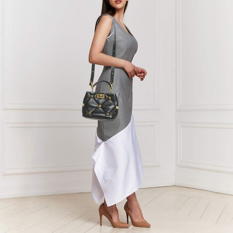 Pre Owned Valentino Black Quilted Leather Small Roman Stud Top Handle Bag