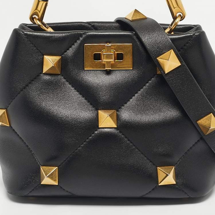 Pre Owned Valentino Black Quilted Leather Small Roman Stud Top Handle Bag
