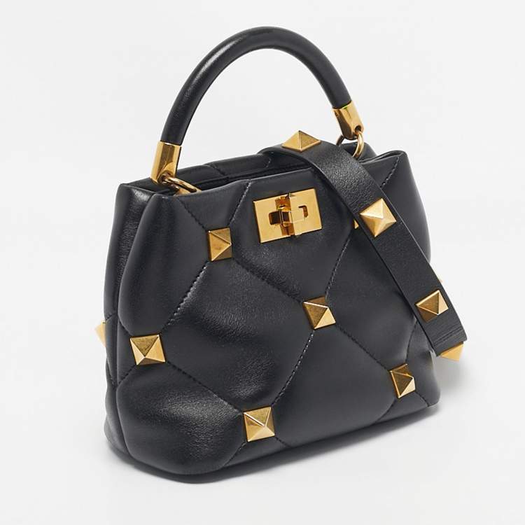 Pre Owned Valentino Black Quilted Leather Small Roman Stud Top Handle Bag